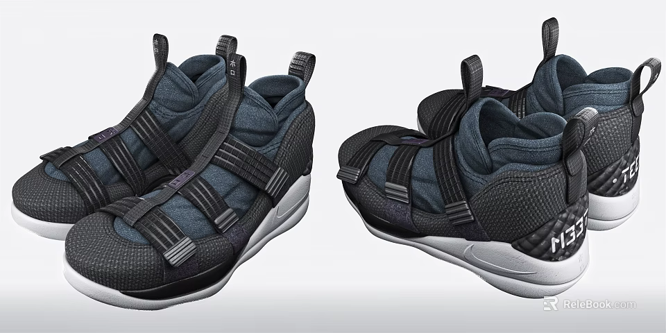 Dark Blue And Black Sneakers With Multiple Straps And White Sole Design 3d model 