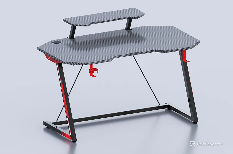 Modern Gaming Desk With Gray Surface Black Frame Red Accents And Upper Shelf 3d model 