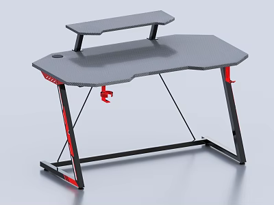 Modern Gaming Desk With Gray Surface Black Frame Red Accents And Upper Shelf 3d model