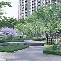 Residential Landscape With High Rise Buildings Lush Green Trees Stone Pathway Grass And Water Fountain