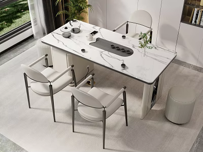 Modern Tea Table and Chairs with White Marble Top and Tea Set in Bright Interior 3d model