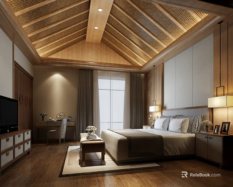 Hotel Guest Room Interior With Wooden Ceiling King Bed Nightstand Lamp And Writing Desk 3d model 