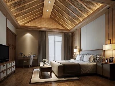 Hotel Guest Room Interior With Wooden Ceiling King Bed Nightstand Lamp And Writing Desk 3d model