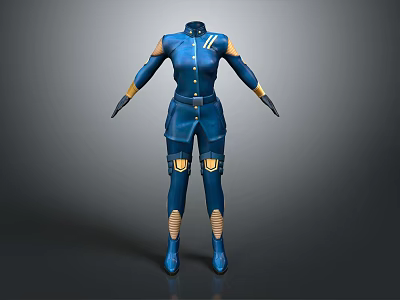 Futuristic Humanoid Character Blue Outfit With Yellow Accents High Collar Gloves And Boots 3d model