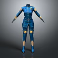 Futuristic Humanoid Character Blue Outfit With Yellow Accents High Collar Gloves And Boots
