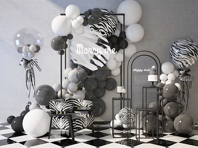 Black And White Themed Party Decoration With Zebra Print Balloons Chair And Checkered Floor 3d model