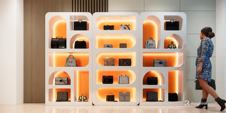 Multiple White Display Shelves with Orange Lighting and Handbag 3d model 
