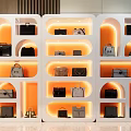 Multiple White Display Shelves with Orange Lighting and Handbag 3d model