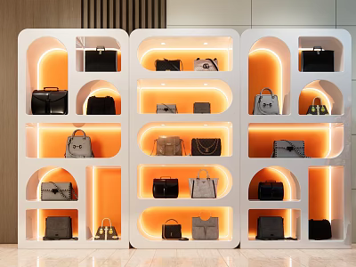 Multiple White Display Shelves with Orange Lighting and Handbag 3d model