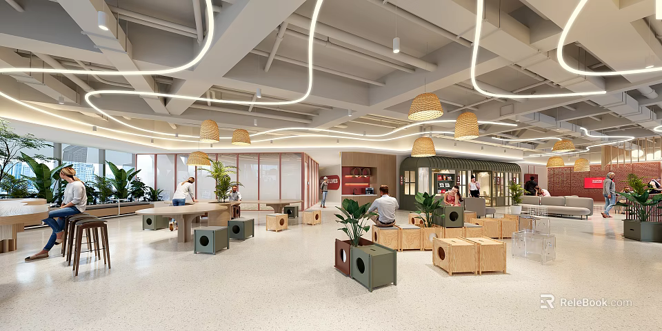 Modern Open Leisure Area Interior With Curved Lights Wooden Crates And Green Plants 3d model 