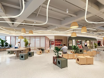 Modern Open Leisure Area Interior With Curved Lights Wooden Crates And Green Plants 3d model
