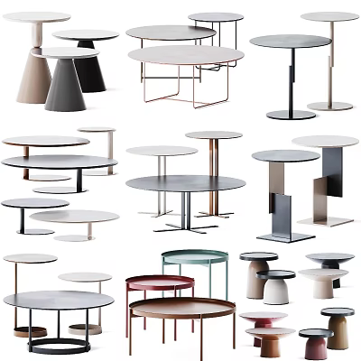 Stylish Modern Coffee Tables with Diverse Designs Metal Wooden Bases Round Tops and Various Heights 3d model