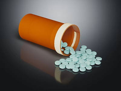 Open Orange Pill Bottle With Light Blue Pills Spilled On Dark Surface 3d model