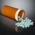 Open Orange Pill Bottle With Light Blue Pills Spilled On Dark Surface 3d model