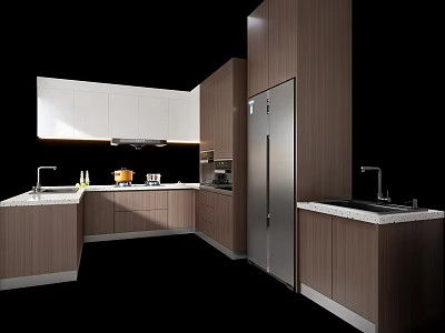 Modern Kitchen With Wooden Cabinets White Upper Cabinets Stainless Steel Refrigerator Countertop And Sink 3d model