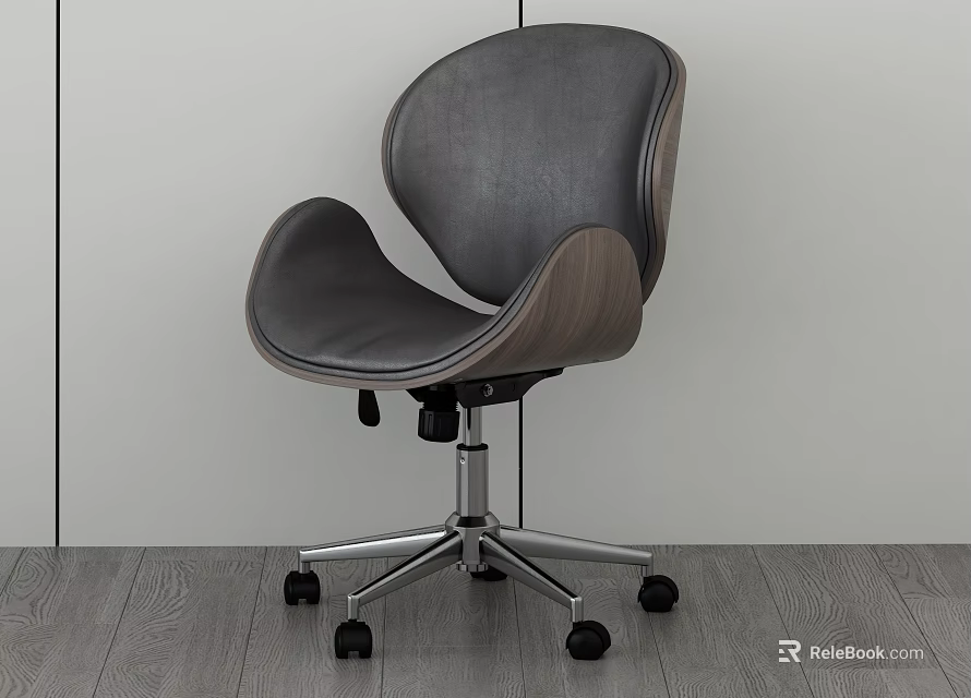 Modern Office Chair With Gray Leather Seat Wooden Back And Metal Base Wheels 3d model 