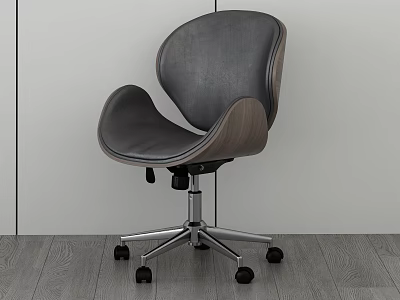 Modern Office Chair With Gray Leather Seat Wooden Back And Metal Base Wheels 3d model
