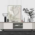 Modern White TV Stand With Open Shelf Metal Legs And Decorative Plants