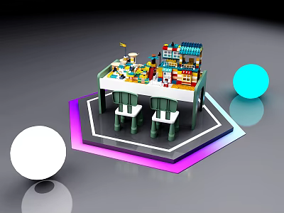 Colorful Building Blocks Table Model With Chairs Mini House And Flag 3d model