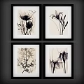 Four Piece Plant Paintings With Teal Leaves Branches And Black Frames 3d model