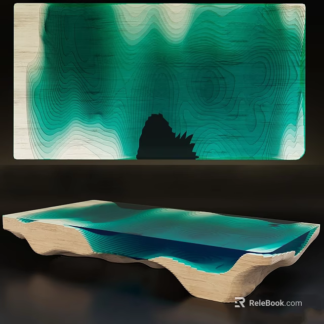 Modern Wooden Dining Table With Resin Surface And Wavy Green Blue Hues 3d model 