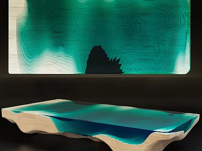 Modern Wooden Dining Table With Resin Surface And Wavy Green Blue Hues 3d model
