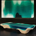 Modern Wooden Dining Table With Resin Surface And Wavy Green Blue Hues