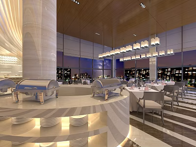 Elegant Banquet Hall Interior With Buffet Counters Hanging Chandeliers And Dining Tables 3d model