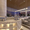 Elegant Banquet Hall Interior With Buffet Counters Hanging Chandeliers And Dining Tables