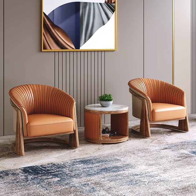 Leisure Sofa Set with Orange Wicker Armchairs Wooden Legs and Round Side Table 3d model 
