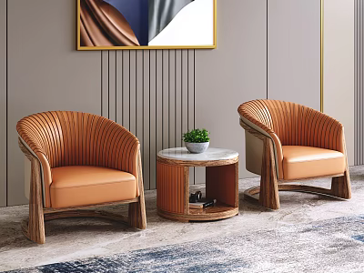 Leisure Sofa Set with Orange Wicker Armchairs Wooden Legs and Round Side Table 3d model
