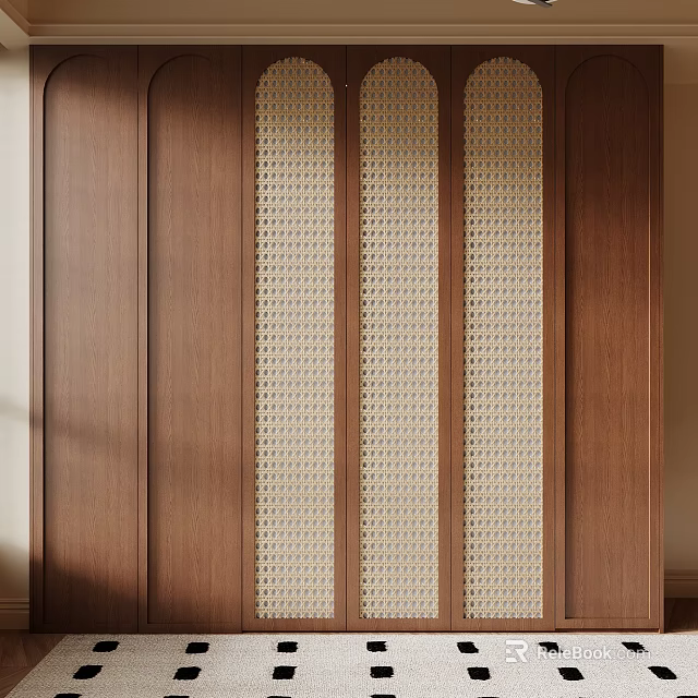 Elegant Wooden Bookcase Featuring Woven Panel Doors And Natural Wood Finish 3d model 