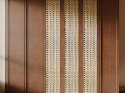 Elegant Wooden Bookcase Featuring Woven Panel Doors And Natural Wood Finish 3d model