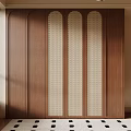 Elegant Wooden Bookcase Featuring Woven Panel Doors And Natural Wood Finish