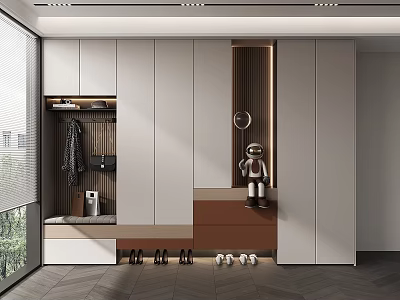 Modern Shoe Cabinet Design With Storage Bench Coat Hanger And Decorative Figurine 3d model