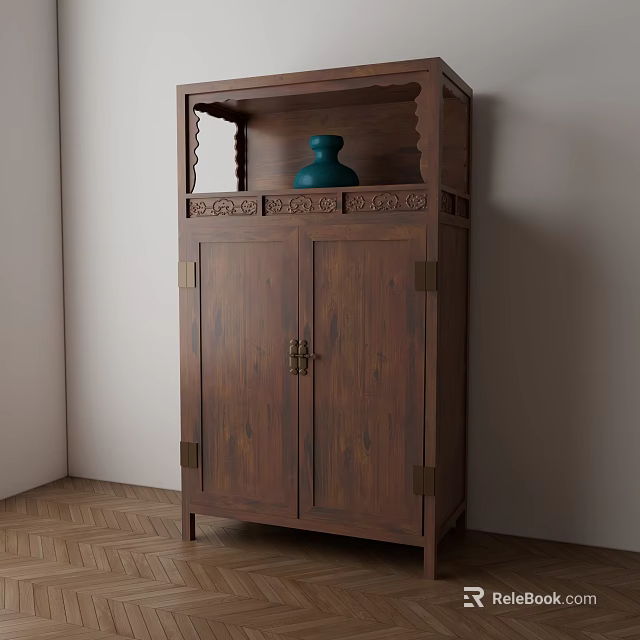 Chinese Style Wooden Storage Cabinet with Carved Design Double Doors Top Shelf and Blue Vase 3d model 