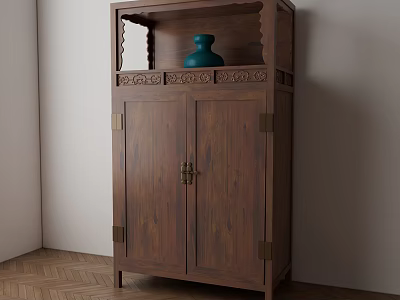 Chinese Style Wooden Storage Cabinet with Carved Design Double Doors Top Shelf and Blue Vase 3d model