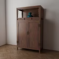 Chinese Style Wooden Storage Cabinet with Carved Design Double Doors Top Shelf and Blue Vase