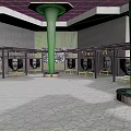 Art Exhibition Interior Space With Columns Geometric Floor And Portrait Displays