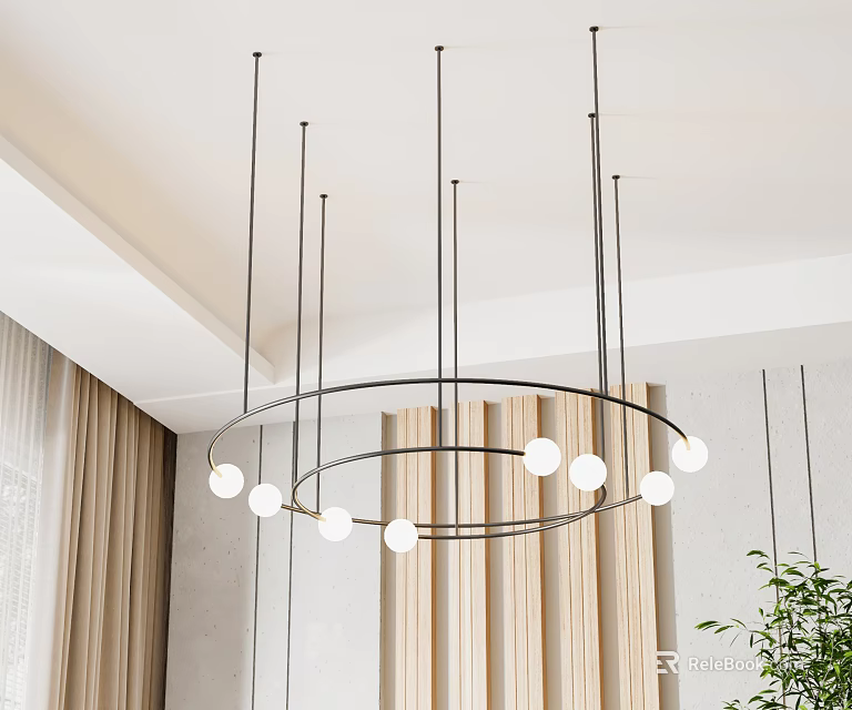 Modern Minimalist Circular Chandelier With Black Metal Frame And White Globe Bulbs In Interior Space 3d model 
