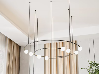 Modern Minimalist Circular Chandelier With Black Metal Frame And White Globe Bulbs In Interior Space 3d model