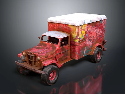 Rusty Red Vintage Truck With Graffiti Art And White Roof Design 3d model