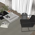 Modern Coffee Table With Glass Top Metal Frame Living Room With Fruits Magazines And Armchair