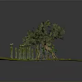 Lush Green Trees With Twisted Vines On Ancient Stone Pillars And Mossy Ground