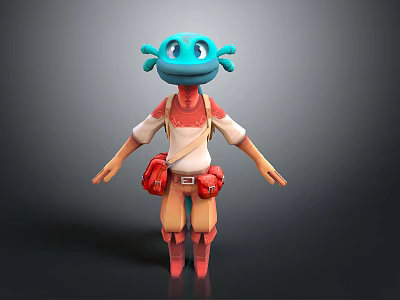 3D Blue Creature Character Wearing Red Backpack White Red Shirt And Brown Pants 3d model