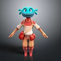 3D Blue Creature Character Wearing Red Backpack White Red Shirt And Brown Pants