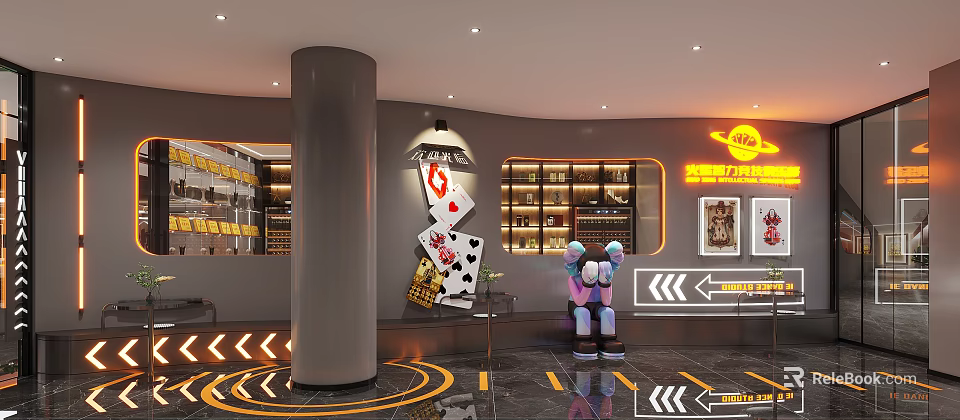 Modern Interior Design With Playing Cards Decor And Robot Sculpture 3d model