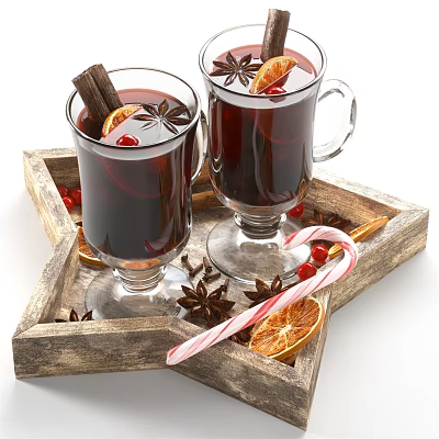 Hot Mulled Wine in Glass Mugs on Wooden Tray with Cinnamon Star Anise Orange Slices 3d model