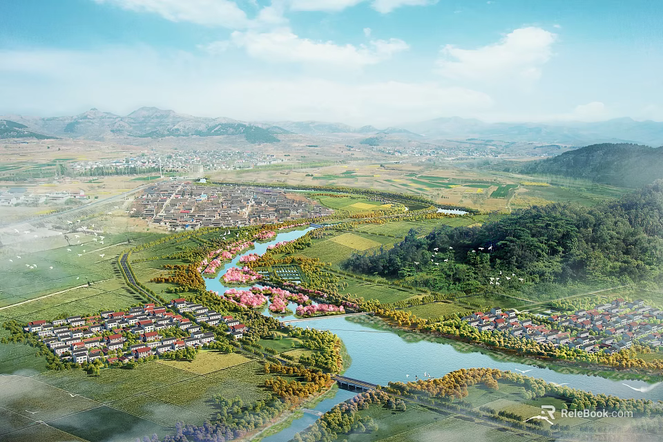 Garden Landscape With Flowing River Stone Bridge Villages Green Fields And Mountain Scenery 3d model 