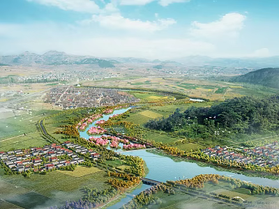 Garden Landscape With Flowing River Stone Bridge Villages Green Fields And Mountain Scenery 3d model